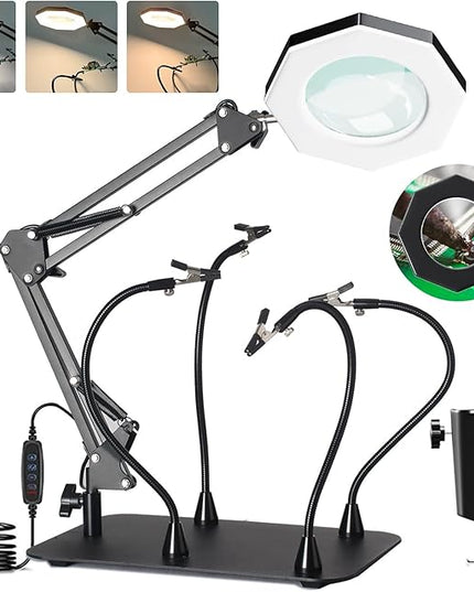 10X Magnifying Glass with Light and Stand,KUVRS 2200 IM 3-Color LED Magnifying Lamp, Magnetic Helping Hands, Adjustable Arm Large Base & Clamp Magnifier with Light for Soldering Craft Hobby Close Work - LeafyLoom