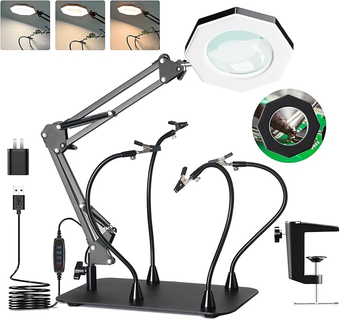 10X Magnifying Glass with Light and Stand,KUVRS 2200 IM 3-Color LED Magnifying Lamp, Magnetic Helping Hands, Adjustable Arm Large Base & Clamp Magnifier with Light for Soldering Craft Hobby Close Work - LeafyLoom