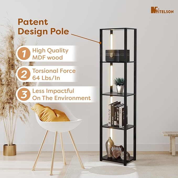 LED Floor Lamp with Shelves, Standing Lamp with Remote for Bedroom and Living Room, Corner Display Floor Lamps with Shelves, Modern Dimmable Floor Lamp with 5-Tier Open Shelve-Black - LeafyLoom