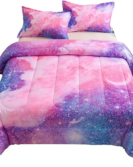 A Nice Night Galaxy Bedding Sets Outer Space Comforter 3D Printed Space Quilt Set King Size Glitter Pink Color,for Children Boy Girl Teen Kids - LeafyLoom