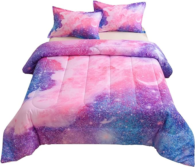 A Nice Night Galaxy Bedding Sets Outer Space Comforter 3D Printed Space Quilt Set Full Size Glitter Pink Color,for Children Boy Girl Teen Kids - LeafyLoom