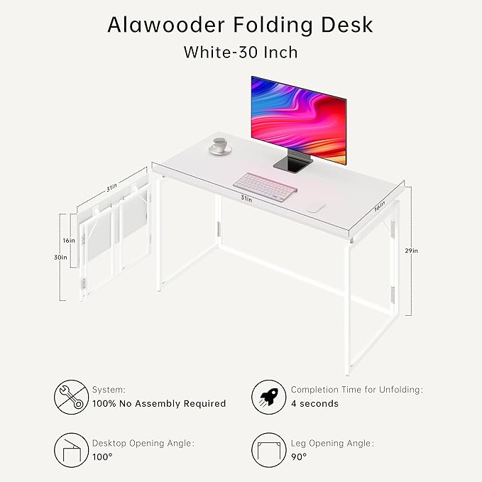 Folding Desk 30 Inch - Small Foldable Desk for Small Space Minimalist, Space Saving Collapsible Compact Desk Portable Table for Craft, Writing, Study and Work (No Assembly Required) - LeafyLoom