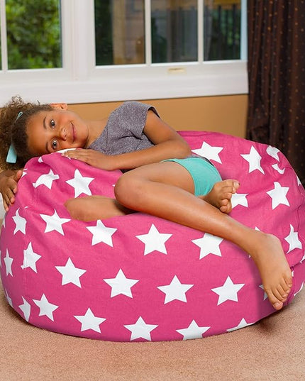 Posh Creations Bean Bag Chair for Kids, Teens, and Adults Includes Removable and Machine Washable Cover, 38in - Large, Canvas White Stars on Pink - LeafyLoom