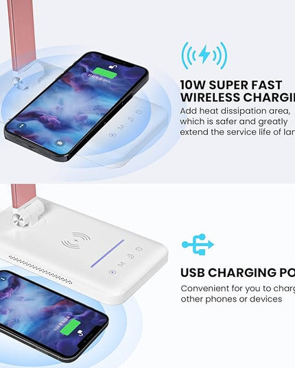 LED Desk Lamp with Night Light, Fast Wireless Charger, USB Charging Port, 10 Brightness, 5 Color Modes, Dimmable Bedside Table Lamp for Bedroom, Touch Control, Auto Timer, 1200Lux Super Bright - LeafyLoom