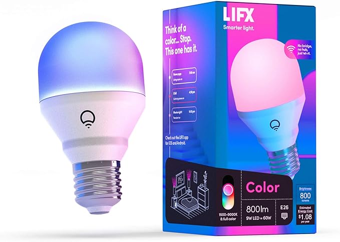 LIFX Color A19 800 lumens, Billions of Colors and Whites, Wi-Fi Smart LED Light Bulb, No bridge required, Works with Alexa, Hey Google, HomeKit and Siri. LIFX