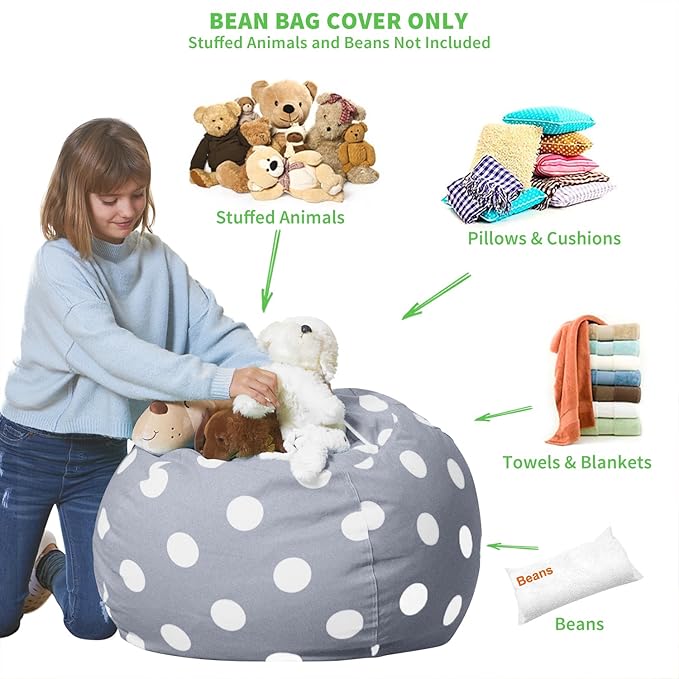 Aubliss Stuffed Animal Bean Bag Storage Chair (Grey Dot, Large (38'')) - LeafyLoom