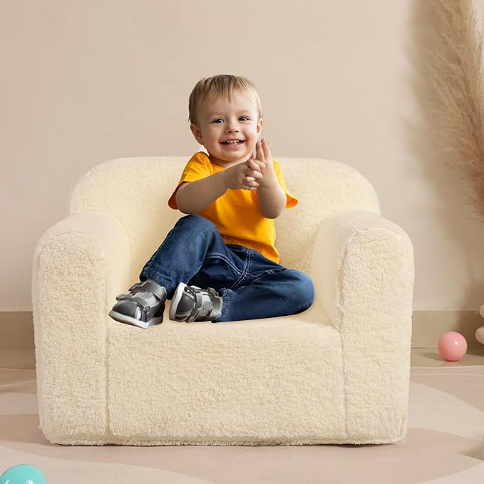 Kids Snuggly-Soft Sherpa Chair, Cuddly Toddler Foam Chair for Boys and Girls, Cream - LeafyLoom