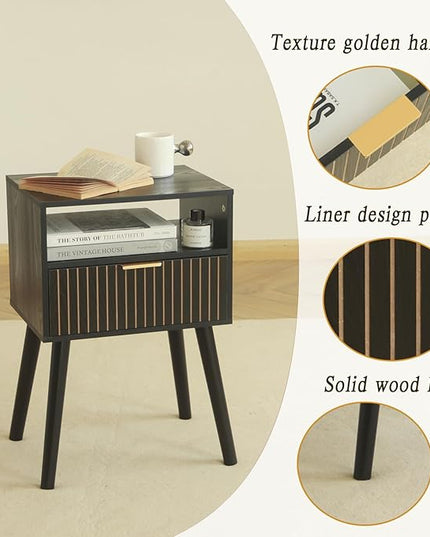 Black Nightstand with Charging Station, Mid Century Modern Bedside Table with Open Shelf and Storage Drawer, End Table with Solid Wood Legs, Black - LeafyLoom