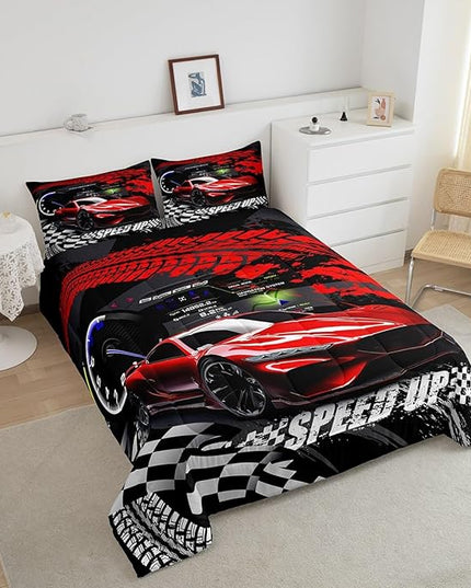 Feelyou Kids Boys Girls Red Race Car Comforter Set Queen Size, Sports Car Comforter Comforter Set for Teens Toddler Race Car Bedding Set Racing car Duvet Set Bed Set Room Decor Bedding Collection - LeafyLoom