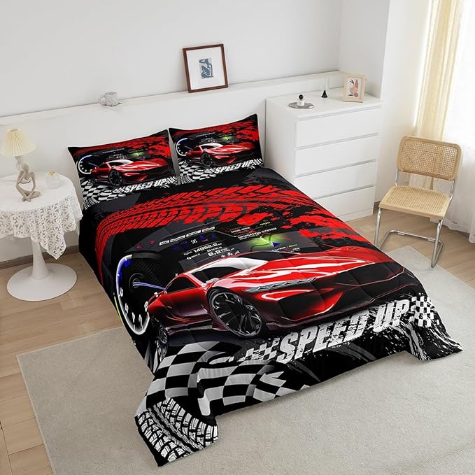 Feelyou Kids Boys Girls Red Race Car Comforter Set Queen Size, Sports Car Comforter Comforter Set for Teens Toddler Race Car Bedding Set Racing car Duvet Set Bed Set Room Decor Bedding Collection - LeafyLoom