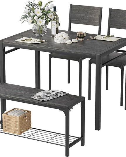 Kitchen Table and 2 Chairs for 4 with Bench, 4 Piece Dining Sets for Small Space, Grey - LeafyLoom