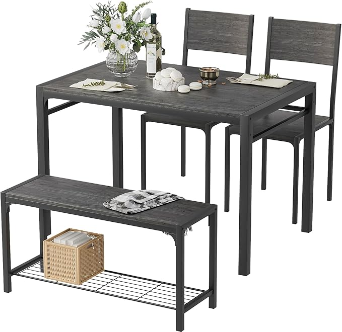 Kitchen Table and 2 Chairs for 4 with Bench, 4 Piece Dining Sets for Small Space, Grey - LeafyLoom