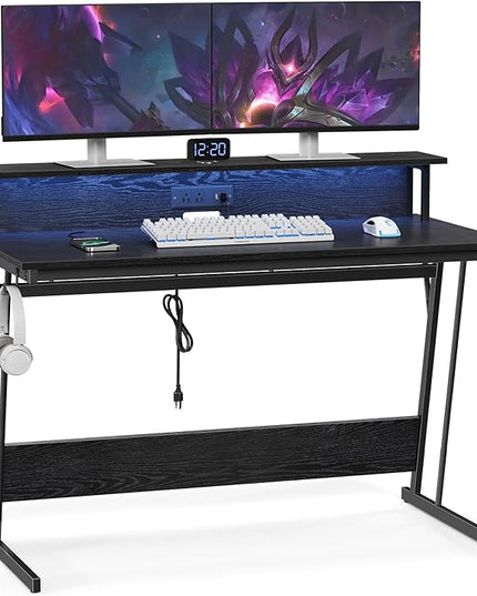 VASAGLE LED Gaming Desk with Power Outlets, Computer Desk with USB Ports, Office Desk with Monitor Stand for 2 Monitors, with Hooks, for Bedroom, 23.6 x 47.2 x 29.5 Inches Ebony Black ULWD092B56 - LeafyLoom