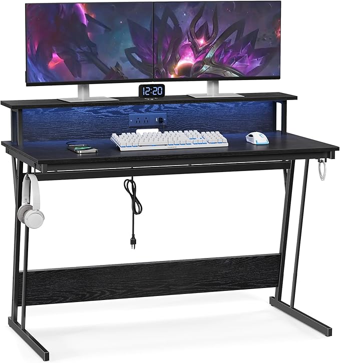 VASAGLE LED Gaming Desk with Power Outlets, Computer Desk with USB Ports, Office Desk with Monitor Stand for 2 Monitors, with Hooks, for Bedroom, 23.6 x 47.2 x 29.5 Inches Ebony Black ULWD092B56 - LeafyLoom