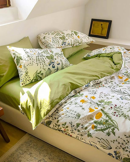 Botanical Comforter Set Cal King White and Sage Green Floral Plant Bedding Set Garden Pattern Printed on White Women Reversible Blanket 3 PCs Girls Breathable White Floral Bed Comforter Set - LeafyLoom