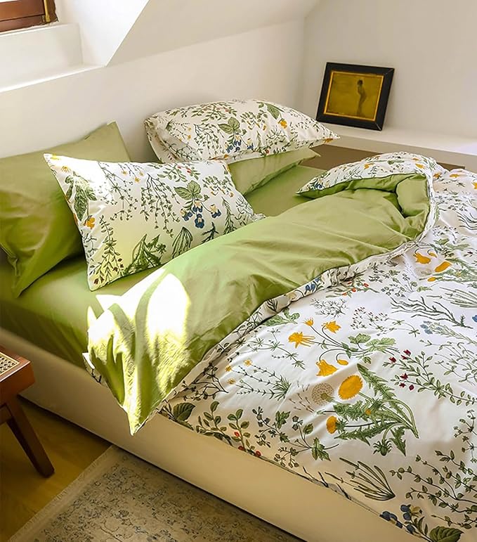Botanical Comforter Set Cal King White and Sage Green Floral Plant Bedding Set Garden Pattern Printed on White Women Reversible Blanket 3 PCs Girls Breathable White Floral Bed Comforter Set - LeafyLoom