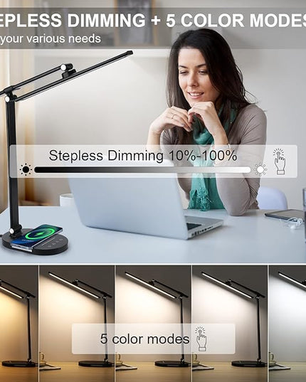 LED Desk Lamp with Wireless Charger, USB Charging Port, Touch Control, 5 Color Modes, 5 Brightness Level, Eye-Caring Desk Lamp for Study Reading, 1H Timer, Home Office Table Lamp - LeafyLoom