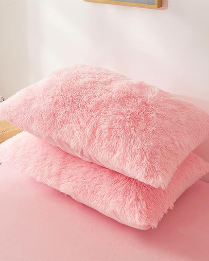 Fluffy Faux Fur Pink Comforter Cover Set Queen - Ultra Soft Plush Pink Bedding Sets 3 Pieces (1 fluffy duvet cover + 2 Faux Fur Pillow case) Cute Pink Bed Set (Light Pink, Queen) - LeafyLoom