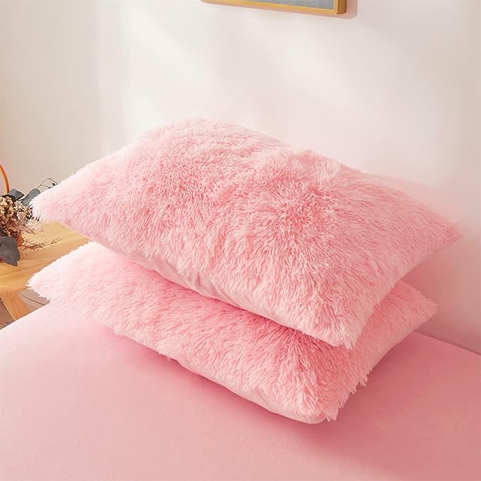 Fluffy Faux Fur Pink Comforter Cover Set Queen - Ultra Soft Plush Pink Bedding Sets 3 Pieces (1 fluffy duvet cover + 2 Faux Fur Pillow case) Cute Pink Bed Set (Light Pink, Queen) - LeafyLoom