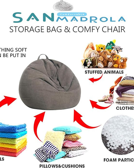 Stuffed Animal Storage Bean Bag Chair Cover (No Filler)for Kids and Adults. Premium Corduroy Stuffable Beanbag for Organizing Children Plush Toys or Memory Foam Extra Large 300L (Warm Grey) - LeafyLoom