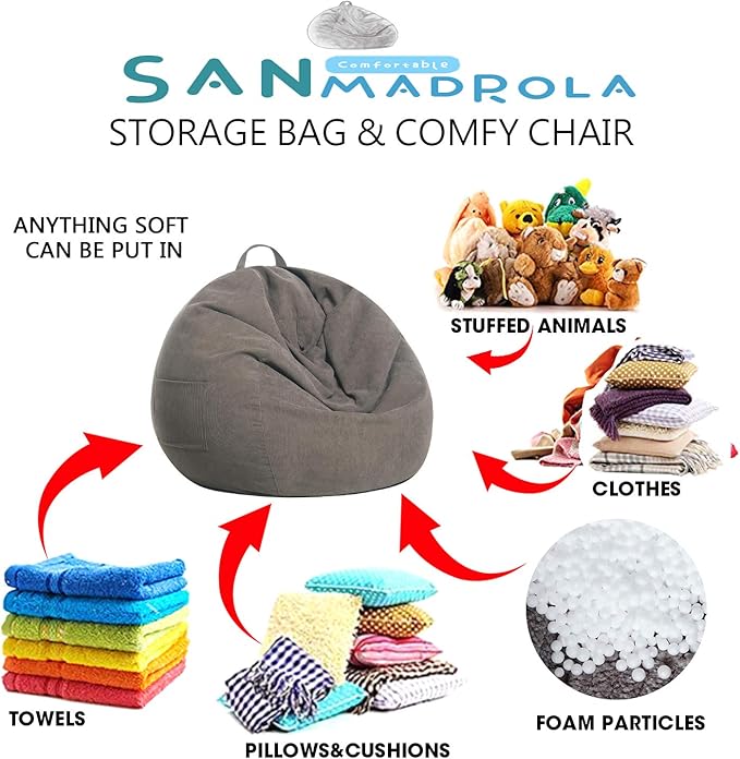 Stuffed Animal Storage Bean Bag Chair Cover (No Filler)for Kids and Adults. Premium Corduroy Stuffable Beanbag for Organizing Children Plush Toys or Memory Foam Extra Large 300L (Warm Grey) - LeafyLoom