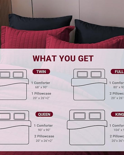 HYMOKEGE Seersucker Comforter Set Full Size 3 Pieces, Lightweight Comforter Sets for Bedding, Bed Set with 1 All Season Soft Down Alternative Comforter and 2 Pillow Shams, Red and Black - LeafyLoom
