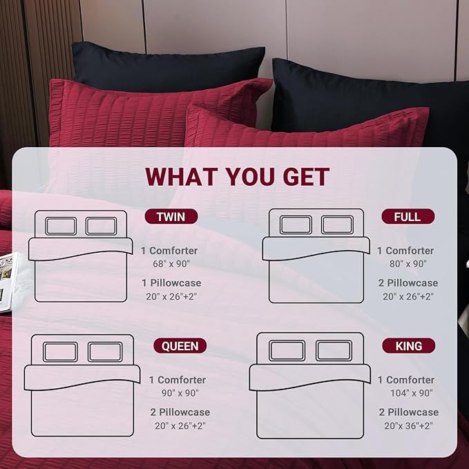 HYMOKEGE Seersucker King Size Comforter Set 3 Pieces, Lightweight Comforter Sets for Bedding, Bed Set with 1 All Season Soft Down Alternative Comforter and 2 Pillow Shams, Red and Black - LeafyLoom
