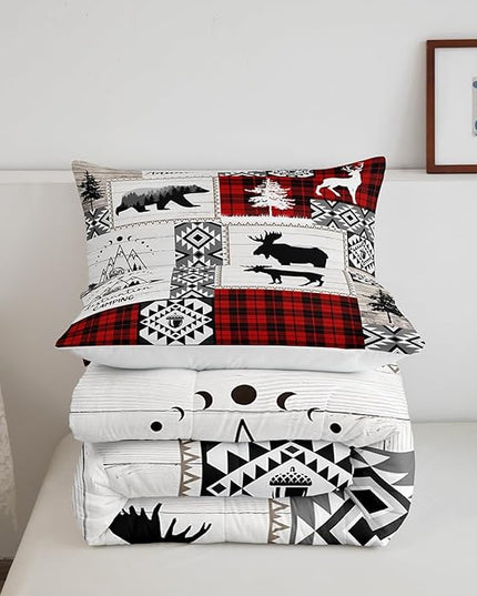 Deer Antlers Bear Kids Comforter Set Twin Size,Plaids Aztec Arrows Patchwork Bedding Set for Boys Girls Adults Room Decor,Rustic Adventure Xmas Down Comforter,Red Retro Duvet Insert,1 Pillowcase - LeafyLoom