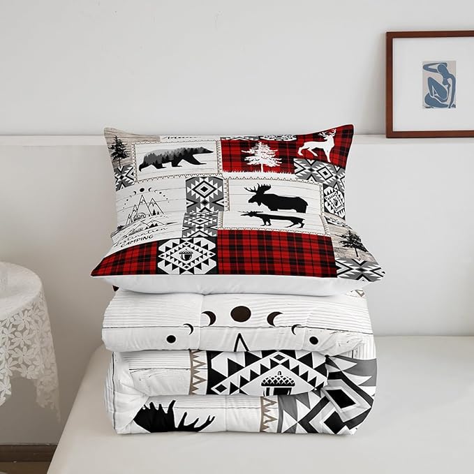 Deer Antlers Bear Kids Comforter Set Queen Size,Plaids Aztec Arrows Patchwork Bedding Set for Boys Girls Adults Room Decor,Rustic Adventure Xmas Down Comforter,Red Retro Duvet Insert,2 Pillowcases - LeafyLoom