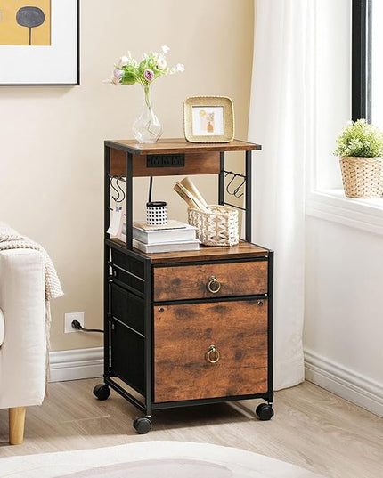 HOOBRO 2-Drawer File Cabinet, Filing Cabinet with Charging Station, Vertical Office Cabinet with Open Storage Shelf, Printer Stand, A4/Letter Size, Nonwovens Drawer, Rustic Brown BF23UWJ01 - LeafyLoom