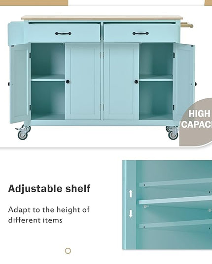 Kitchen Island with Storage, Rolling Table on Wheels w/ 4 Door Cabinet and 2 Drawers,Spice Rack, Towel Rack for Dinning Room - LeafyLoom