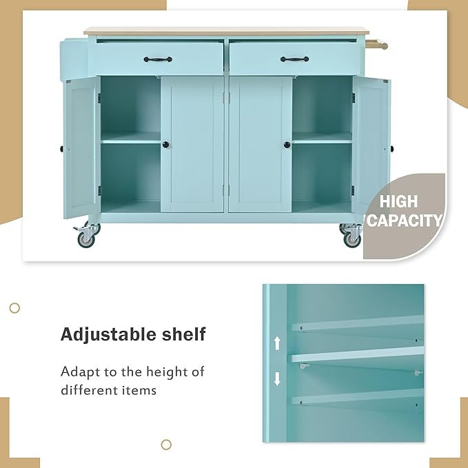 Kitchen Island Cart with Solid Wood Top, Mobile Kitchens Carts with Storage Cabinet, Rolling Kitchen Table w/Spice Rack, Towel Rack, and Drawer, Portable Islands on Wheels for Bar - LeafyLoom