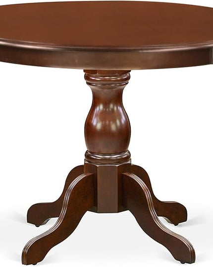 East West Furniture HBEL3-MAH-16 Hartland 3 Piece Room Furniture Set Contains a Round Dining Table with Pedestal and 2 Dark Khaki Linen Fabric Upholstered Chairs, 42x42 Inch - LeafyLoom