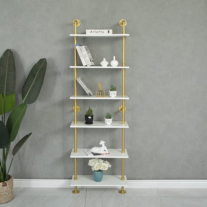 6 Tier Gold Bookshelf, White and Gold Shelves, Modern Shelves Shelf Bookcase Metal Mid Century Open Industrial Wall Mount Accents Decor Retail Shelving Vertical for Living Room - LeafyLoom