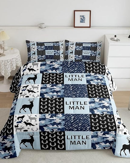 Manfei Camo Deer Antlers Comforter Set King Size Geometric Checkered Patchwork Bedding 3pcs for Xmas Decor, Boho Arrows Animals Quilt Set, Blue Rustic Duvet Insert, 2 Pillowcases (WWS10844GYY-BZ_USk) - LeafyLoom