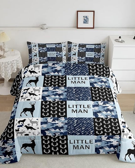 Manfei Camo Deer Antlers Comforter Set Twin,Geometric Checks Patchwork Bedding Set 2pcs for Kids Teens Boys Adults Room Decor,Boho Arrow Animals Quilt Set,Blue Xmas Duvet Insert with 1 Pillowcase - LeafyLoom