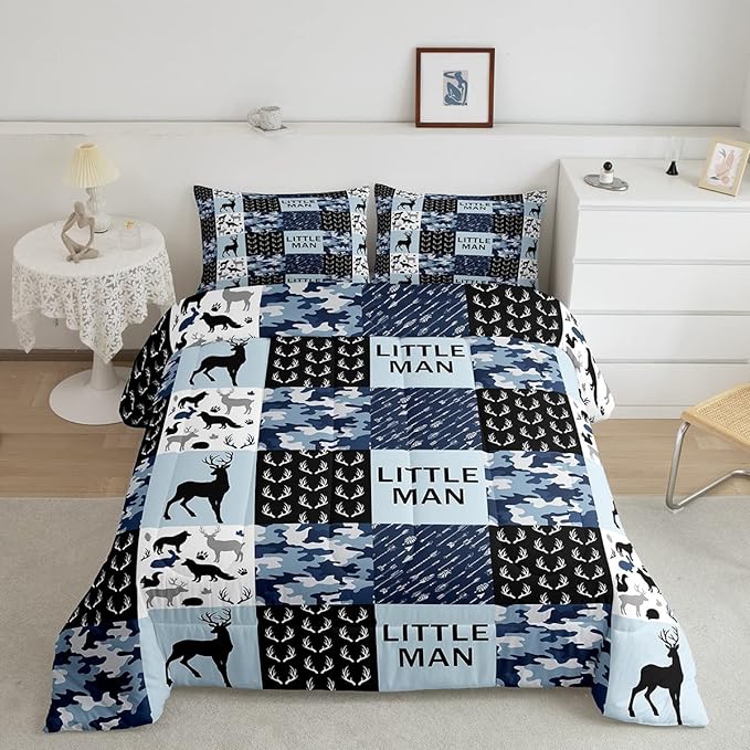 Manfei Camo Deer Antlers Comforter Set Twin,Geometric Checks Patchwork Bedding Set 2pcs for Kids Teens Boys Adults Room Decor,Boho Arrow Animals Quilt Set,Blue Xmas Duvet Insert with 1 Pillowcase - LeafyLoom