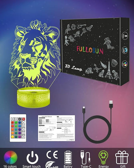 FULLOSUN Lion Gift, Kids Lion Night Light (with Remote Control), 3D Illumination Lights Boys Gift 16 Colors Changeable Kids Room Lighting Creative Decoration... (Lion) - LeafyLoom