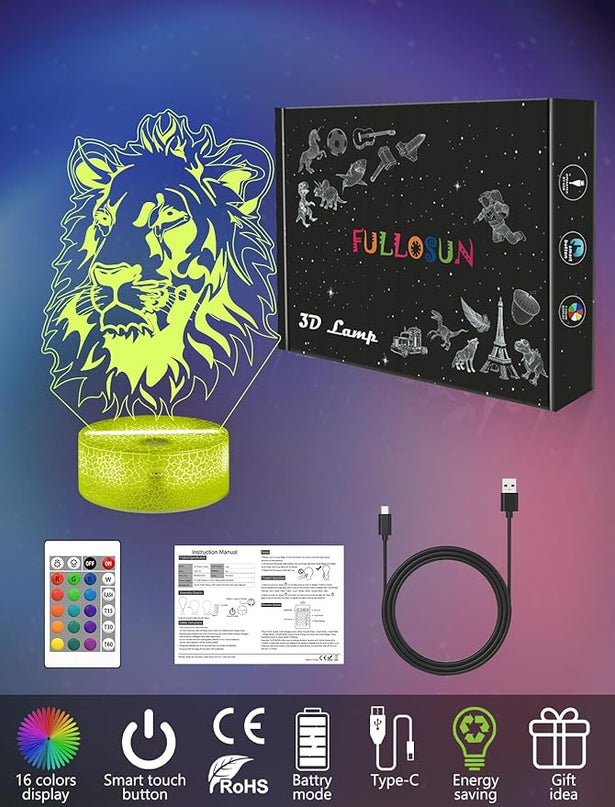 FULLOSUN Lion Gift, Kids Lion Night Light (with Remote Control), 3D Illumination Lights Boys Gift 16 Colors Changeable Kids Room Lighting Creative Decoration... (Lion) - LeafyLoom