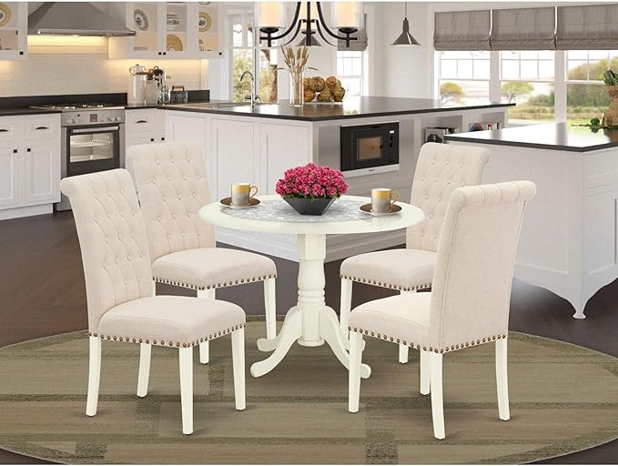 East West Furniture DLBR5-WHI-02 Dublin 5 Piece Dining Set for 4 Includes a Round Kitchen Table with Dropleaf and 4 Light Beige Fabric Upholstered Chairs, 42x42 Inch, Linen White - LeafyLoom