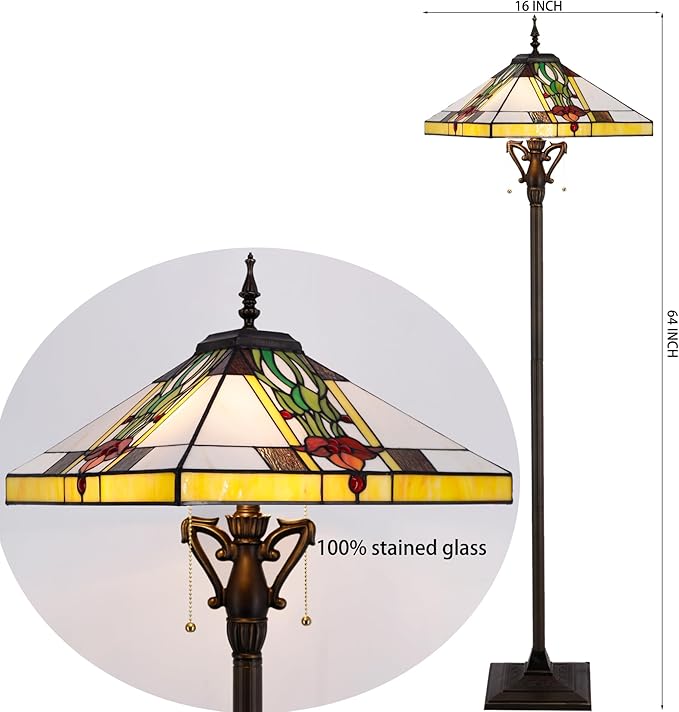 Tiffany Floor Lamp Mission Style Stained Glass Standing Reading Light 16X16X64 Inch Tulip Flower - LeafyLoom