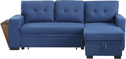 92 inch Convertible Sleeper L-Shaped Sectional Sofa with Storage Chaise, Upholstered Reversible Couch with Side Open Cup Holder for Apartment, Dorm, Living Room, Blue - LeafyLoom