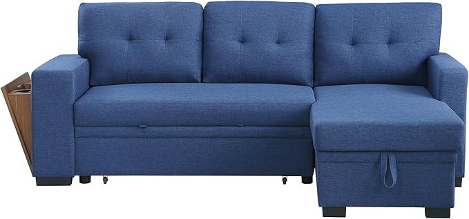 92 inch Convertible Sleeper L-Shaped Sectional Sofa with Storage Chaise, Upholstered Reversible Couch with Side Open Cup Holder for Apartment, Dorm, Living Room, Blue - LeafyLoom