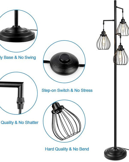 Lakumu Industrial Tree Floor Lamp for Living Room, with 3 Elegant Teardrop Cage Heads & ST58 Edison LED Bulbs, Sturdy Base Tall Vintage Pole Light Great for Farmhouse Rustic Bedroom Office - LeafyLoom