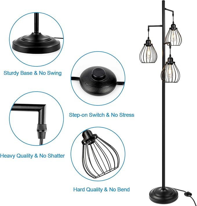 Lakumu Industrial Tree Floor Lamp for Living Room, with 3 Elegant Teardrop Cage Heads & ST58 Edison LED Bulbs, Sturdy Base Tall Vintage Pole Light Great for Farmhouse Rustic Bedroom Office - LeafyLoom