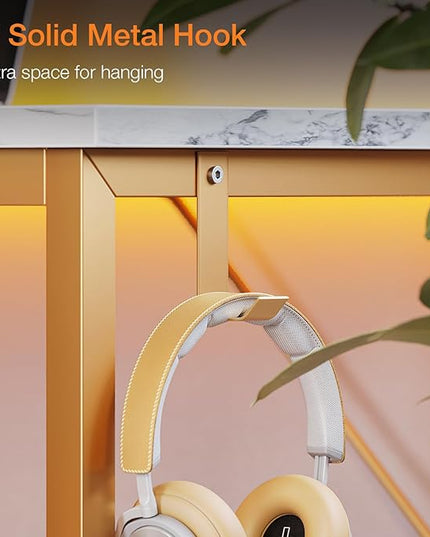 ODK Computer Desk Large Office Desk, 55 Inch Gaming Desk with Storage, Modern PC Desk Work Table with Headphone Hook for Home Office, White Marble + Gold Leg - LeafyLoom