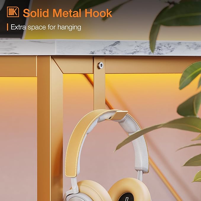 ODK Computer Desk Large Office Desk, 55 Inch Gaming Desk with Storage, Modern PC Desk Work Table with Headphone Hook for Home Office, White Marble + Gold Leg - LeafyLoom