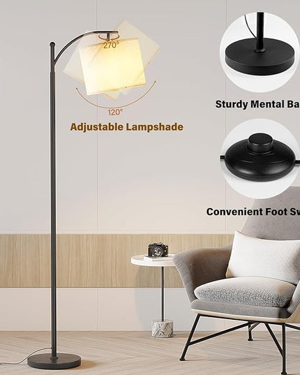 SUNMORY Arc Floor Lamp,Modern Floor Lamp with 9W 3 Color Temperatures Bulb,Metal Standing Lamps with Adjustable Hanging Lampshade,Tall Floor Lamps for Living Room,Bedroom,Office (Black) - LeafyLoom