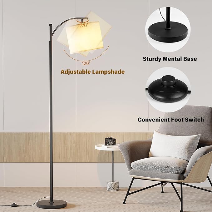 SUNMORY Arc Floor Lamp,Modern Floor Lamp with 9W 3 Color Temperatures Bulb,Metal Standing Lamps with Adjustable Hanging Lampshade,Tall Floor Lamps for Living Room,Bedroom,Office (Black) - LeafyLoom