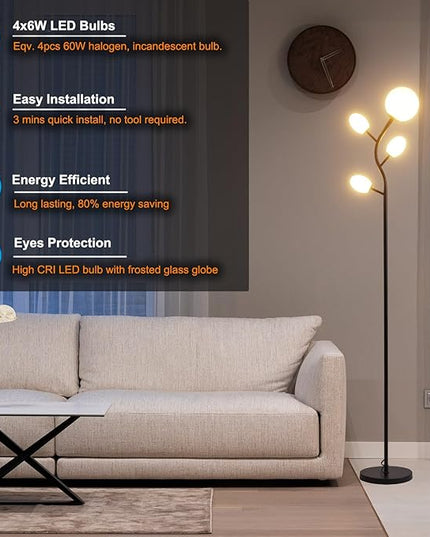Modern Black 4 Globe Floor Lamp for Living Room - Contemporary Tree Floor Lamp with White Frosted Glass Shade and LED Bulbs, Mid Century Modern Standing Lamp for Bedroom & Home Office - LeafyLoom